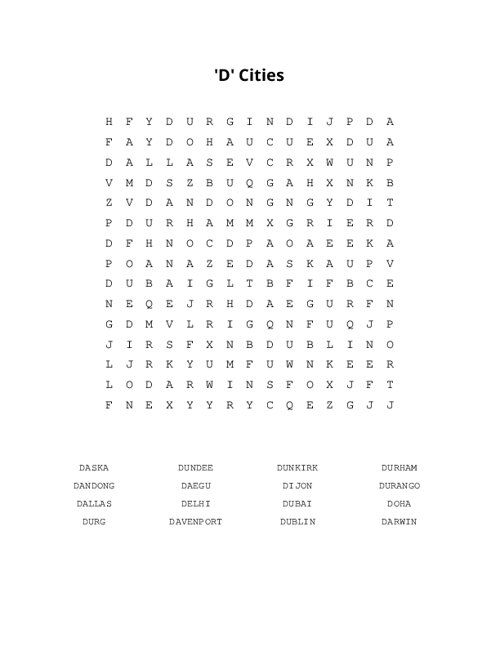'D' Cities Word Search Puzzle