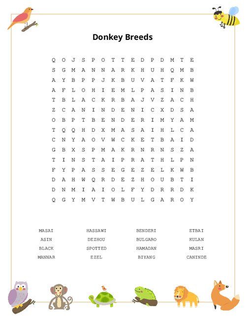 Donkey Breeds Word Search Puzzle