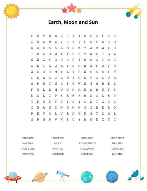 Earth, Moon and Sun Word Search Puzzle