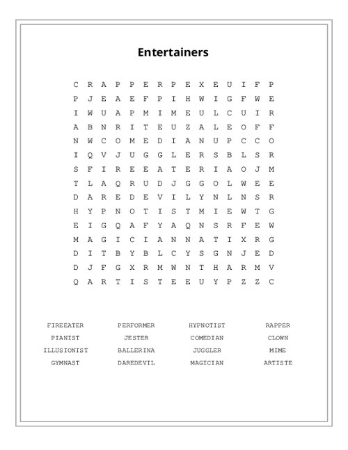 Entertainers Word Search Puzzle