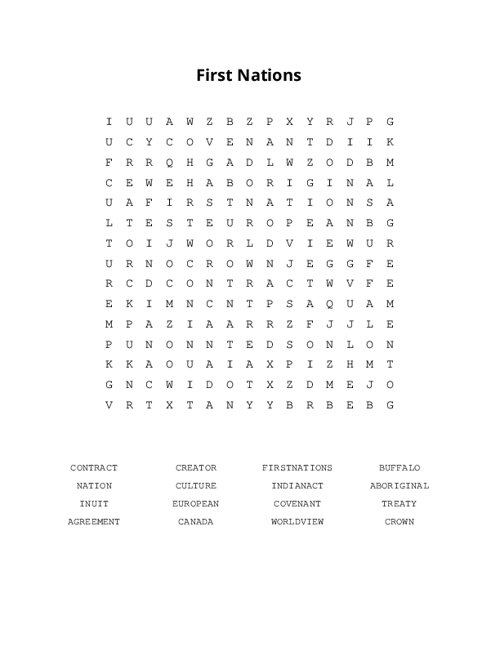 First Nations Word Search Puzzle