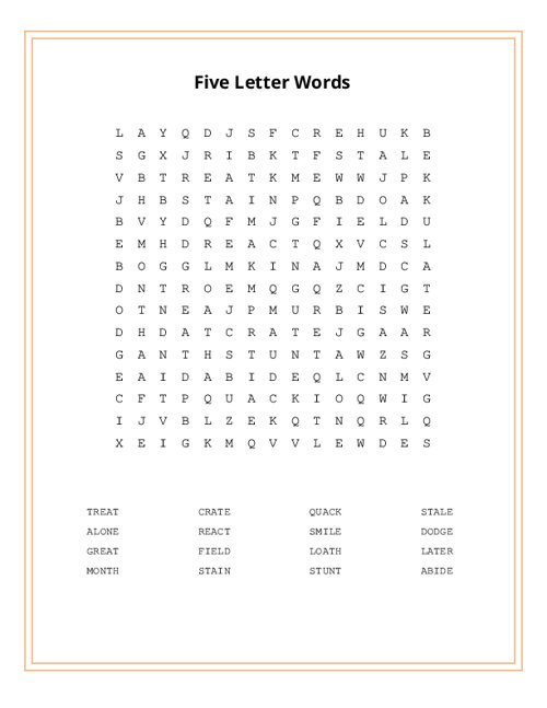 Five Letter Words Word Search Puzzle