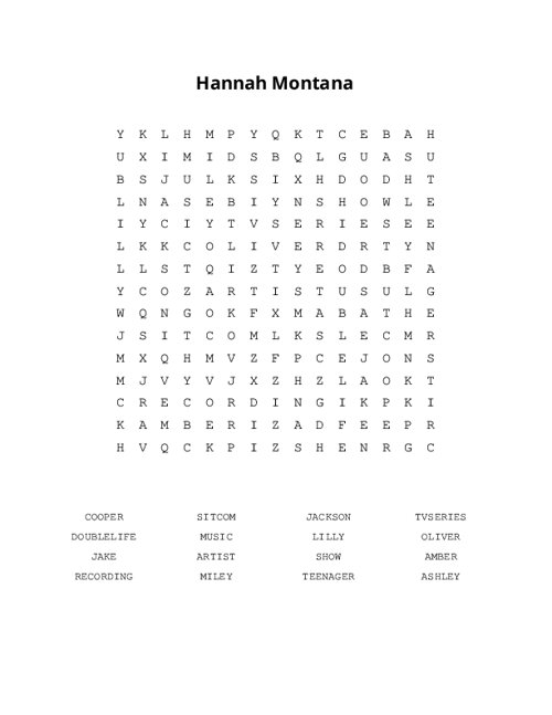 Hannah Montana Word Search Puzzle