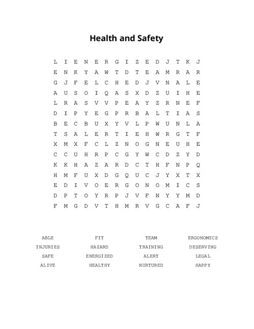 Health and Safety Word Search Puzzle