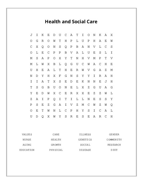 Health and Social Care Word Search Puzzle