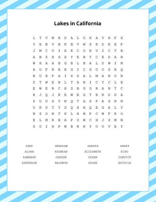 Lakes in California Word Search Puzzle