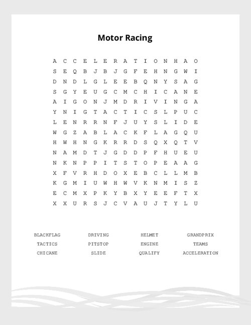 Motor Racing Word Search Puzzle