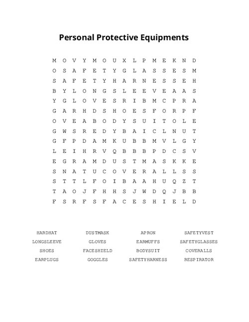 Personal Protective Equipments Word Search Puzzle