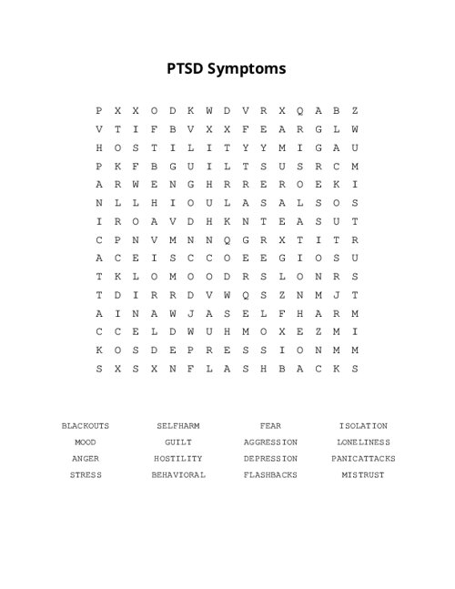 PTSD Symptoms Word Search Puzzle