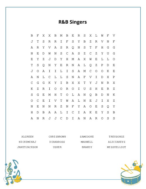 R&B Singers Word Search Puzzle