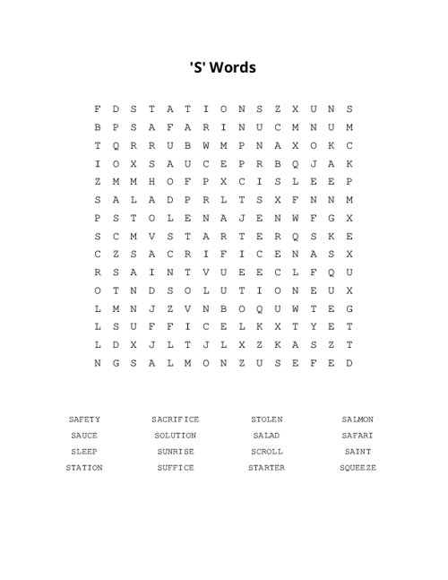 'S' Words Word Search Puzzle