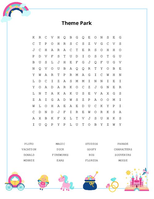 Theme Park Word Search Puzzle