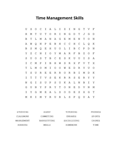 Time Management Skills Word Search Puzzle