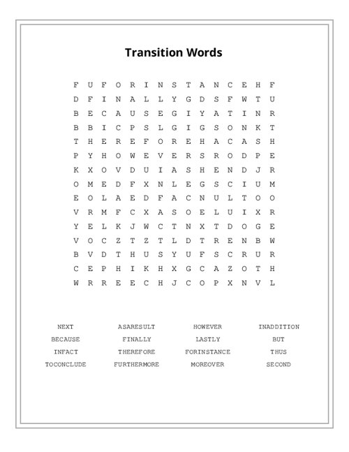 Transition Words Word Search Puzzle