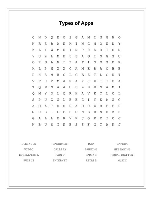 Types of Apps Word Search Puzzle