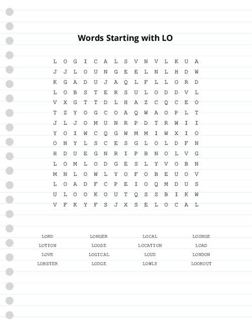 Words Starting with LO Word Search Puzzle