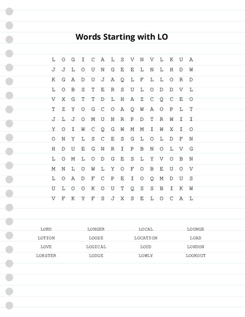 Words Starting With LO Word Search