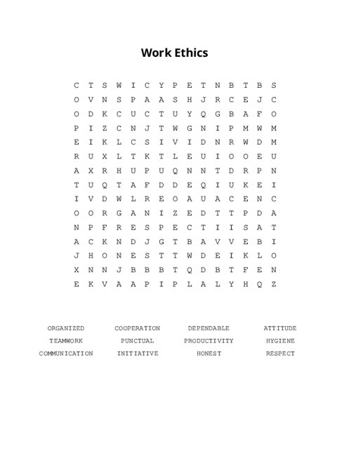 Work Ethics Word Search