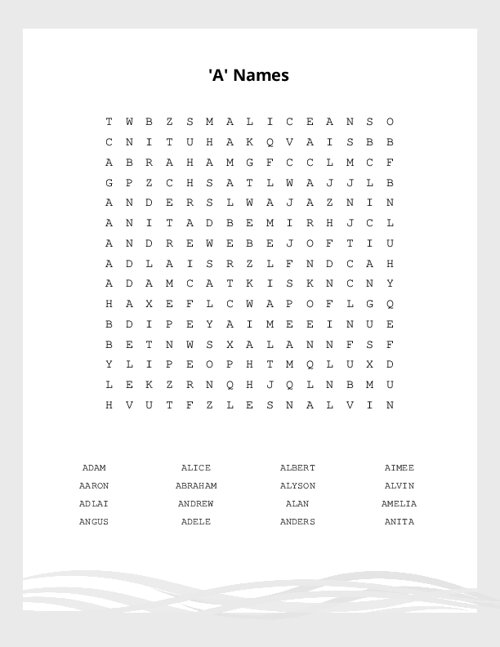 'A' Names Word Search Puzzle