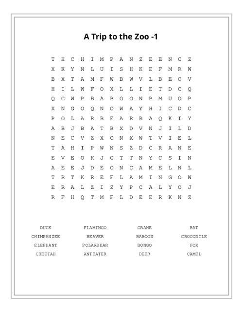 A Trip to the Zoo -1 Word Search Puzzle