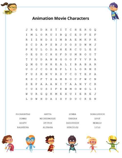 Animation Movie Characters Word Search Puzzle