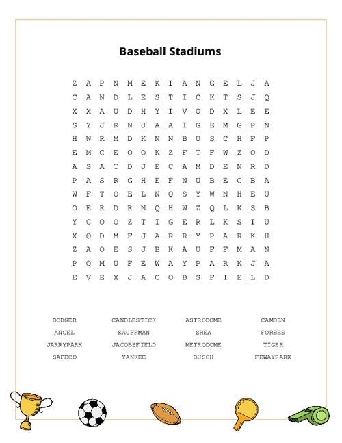 Baseball Stadiums Word Search Puzzle