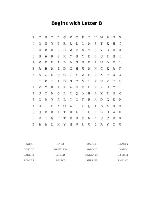 Begins with Letter B Word Search Puzzle