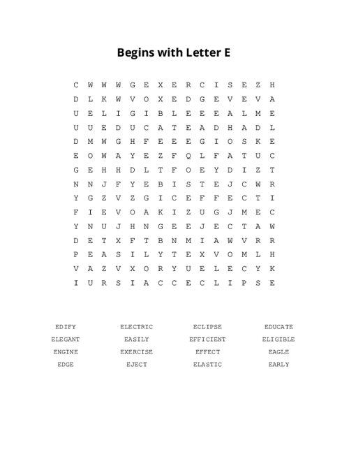 Begins with Letter E Word Search Puzzle