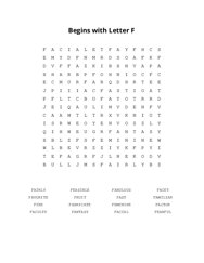 Begins with Letter F Word Search Puzzle