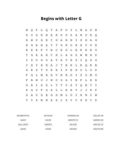 Begins with Letter G Word Search Puzzle