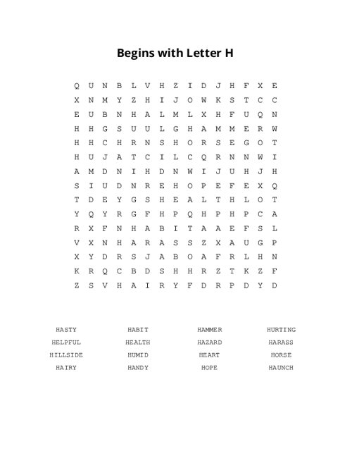 Begins with Letter H Word Search Puzzle