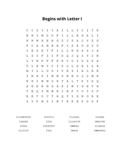 Begins with Letter I Word Search Puzzle
