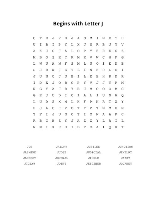Begins with Letter J Word Search Puzzle