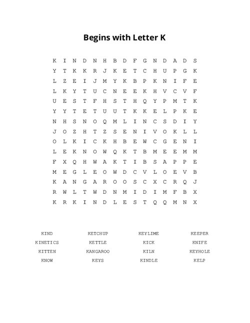 Begins with Letter K Word Search Puzzle