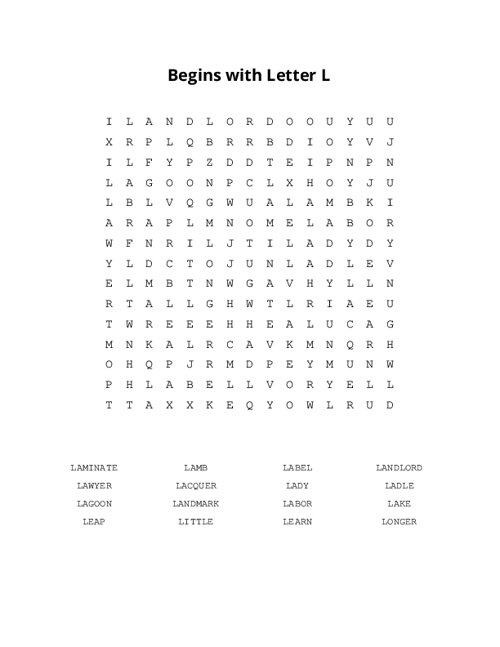 Begins with Letter L Word Search Puzzle