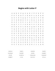 Begins with Letter P Word Search Puzzle