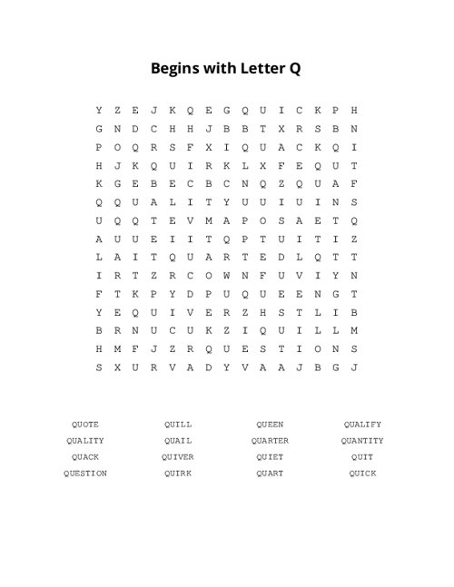 Begins with Letter Q Word Search Puzzle