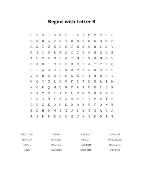 Begins with Letter R Word Search Puzzle