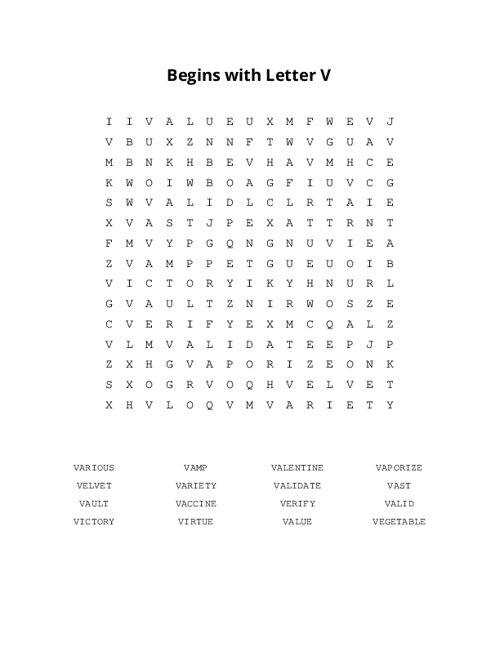 Begins with Letter V Word Search Puzzle