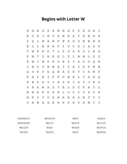 Begins with Letter W Word Search Puzzle