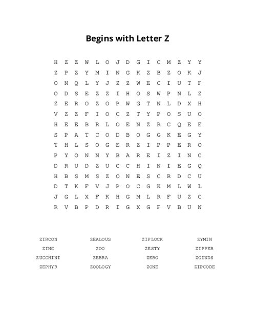 Begins with Letter Z Word Search Puzzle