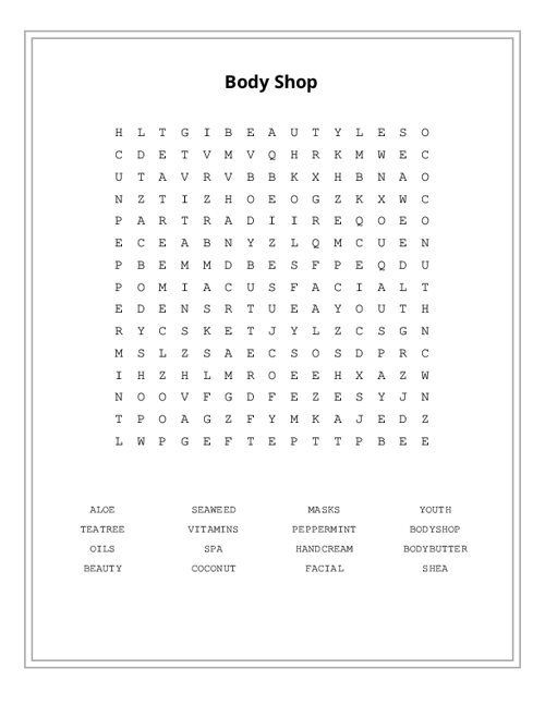 Body Shop Word Search Puzzle