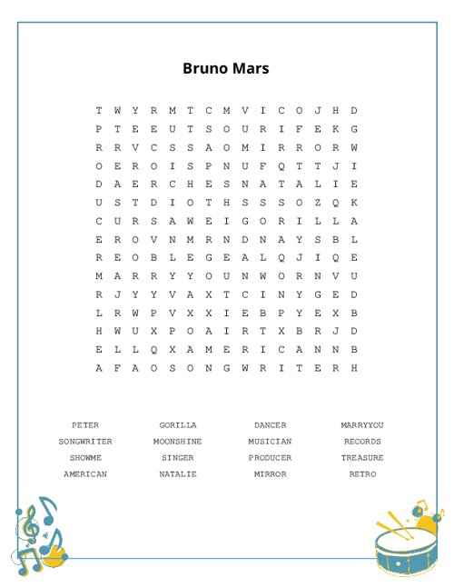 Bruno Mars Word Search Puzzle