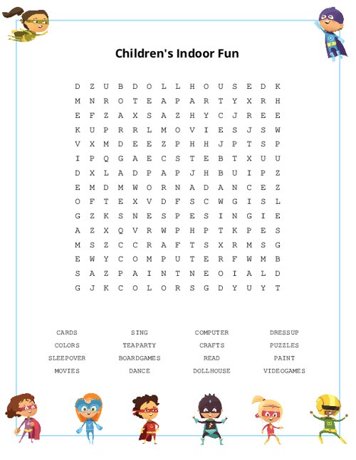 Children's Indoor Fun Word Search Puzzle