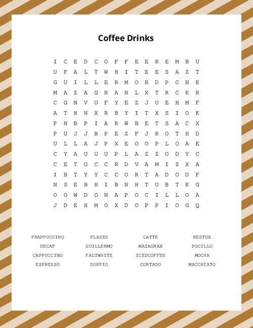 Coffee Drinks Word Search Puzzle