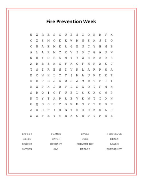Fire Prevention Week Word Search Puzzle