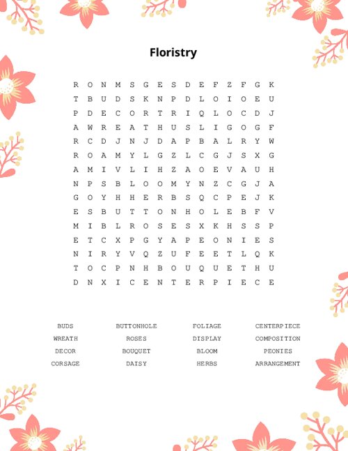 Floristry Word Search Puzzle