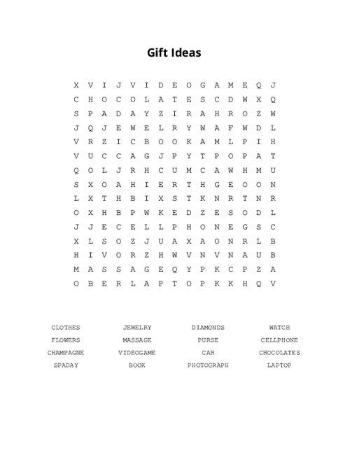 Gift Ideas Word Search Puzzle