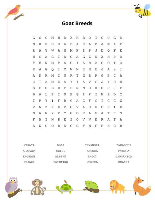 Goat Breeds Word Search Puzzle