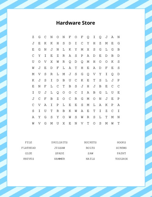 Hardware Store Word Search Puzzle